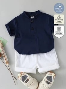 Souflis Souflis 2pcs Baby Boy Set:Elegant Minimalist Stand Collar Short Sleeve T-Shirt And Contrast Color Pants  Suitable For Summer Clothes Boys Sets Outfit - Multicolor - View 2