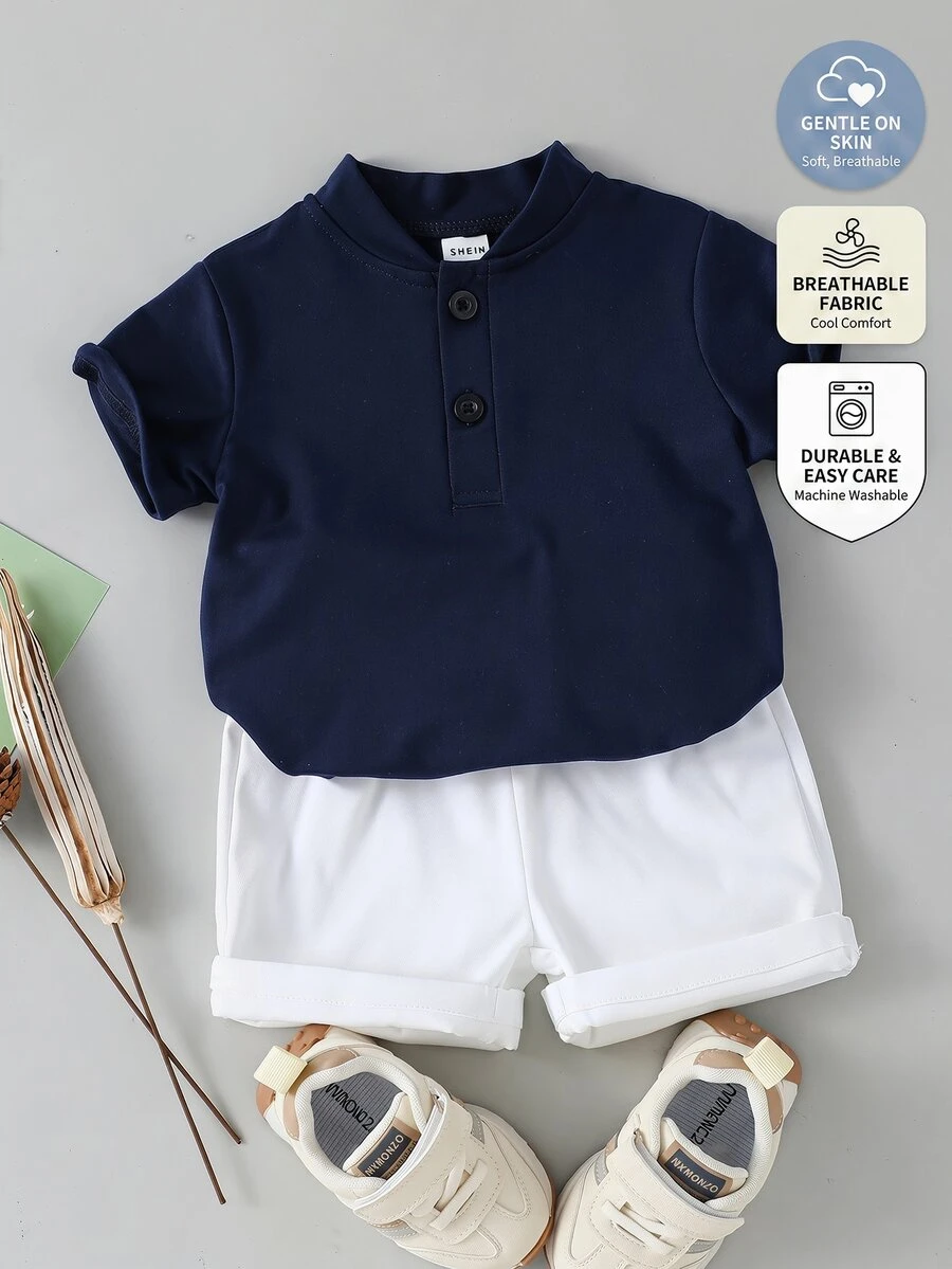 Souflis Souflis 2pcs Baby Boy Set:Elegant Minimalist Stand Collar Short Sleeve T-Shirt And Contrast Color Pants  Suitable For Summer Clothes Boys Sets Outfit