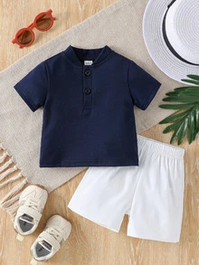 Souflis Souflis 2pcs Baby Boy Set:Elegant Minimalist Stand Collar Short Sleeve T-Shirt And Contrast Color Pants  Suitable For Summer Clothes Boys Sets Outfit - Multicolor - View 8