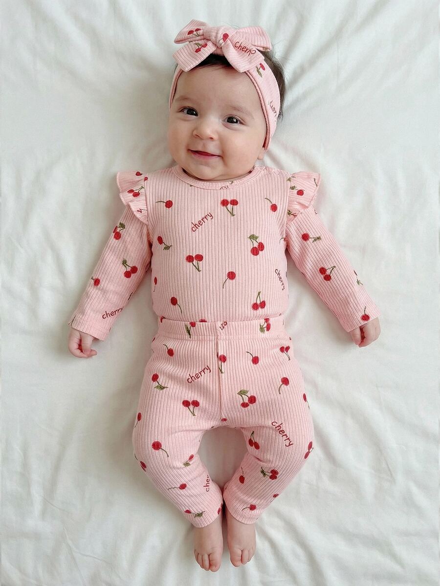 SHEIN Newborn Baby Cherry Print Ruffle Trim Long Sleeve Romper Pants Babygirl Casual Cute Outfit Girl Infant Sets Autumn 1 Month Milestones Pink And Red
