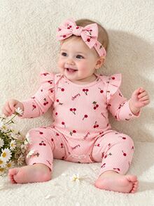 SHEIN Newborn Baby Cherry Print Ruffle Trim Long Sleeve Romper Pants Babygirl Casual Cute Outfit Girl Infant Sets Autumn 1 Month Milestones Pink And Red - Pink - View 4