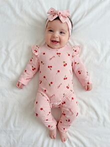 SHEIN Newborn Baby Cherry Print Ruffle Trim Long Sleeve Romper Pants Babygirl Casual Cute Outfit Girl Infant Sets Autumn 1 Month Milestones Pink And Red - Pink - View 6