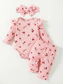 SHEIN Newborn Baby Cherry Print Ruffle Trim Long Sleeve Romper Pants Babygirl Casual Cute Outfit Girl Infant Sets Autumn 1 Month Milestones Pink And Red - Pink - View 7