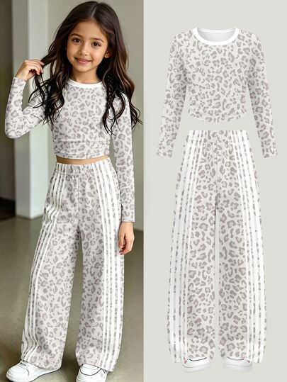 Tween Girls Fall Leopard Print Striped Patchwork Ruched Waist Long Sleeve T-Shirt & Wide Leg Pants Set, Autumn Outfit