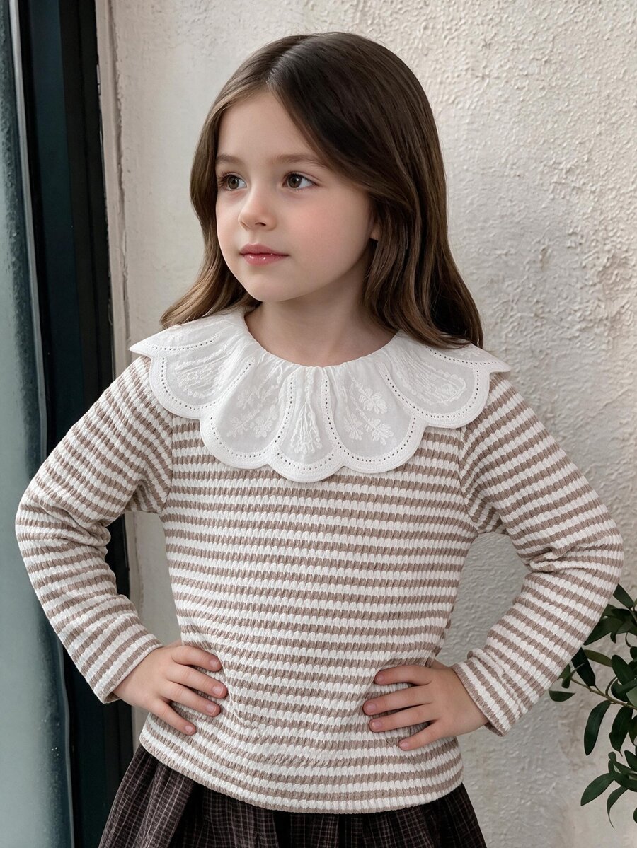SHEIN Girls' Knitted Striped Brown White Top With Ruffle Collar, Cute Minimalist Baby Fairy Cowgirl Style, Suitable For Spring, Summer, Autumn 1st Birthday - Multicolor - View 1
