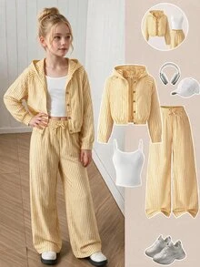 SHEIN Reset Phase 女童套裝 秋季連帽長袖開襟短夾克 白色細肩帶背心上衣 鬆緊腰寬腿長褲 校園休閒運動可愛風 - 黃色 - 查看 2