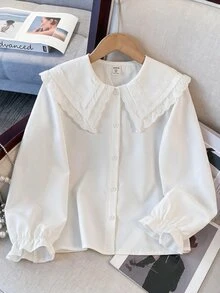 SHEIN 優雅可愛彼得潘領白色襯衫，甜美3D蝴蝶結長袖寬鬆上衣，法式荷葉邊下擺，秋季校園風，開學季服飾 - 白色 - 查看 2