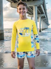 SHEIN 2pcs/Set Tween Boy Tropical Holiday Print Swimsuit - Short Sleeve Top + Shorts, Suitable For Vacation And Pool Play Summer Holiday - Yellow - View 7
