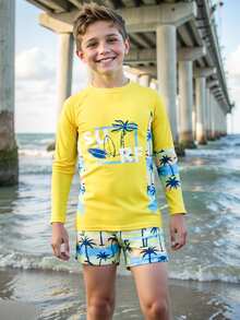 SHEIN 2pcs/Set Tween Boy Tropical Holiday Print Swimsuit - Short Sleeve Top + Shorts, Suitable For Vacation And Pool Play Summer Holiday - Yellow - View 4