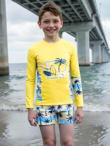 SHEIN 2pcs/Set Tween Boy Tropical Holiday Print Swimsuit - Short Sleeve Top + Shorts, Suitable For Vacation And Pool Play Summer Holiday - Yellow - View 5