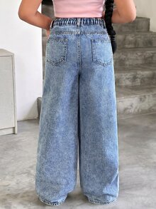 SHEIN Explorewe Girls' Versatile Fashion Casual Cowgirl Western Blue Straight Leg Denim Jeans Summer - Medium Wash - View 3