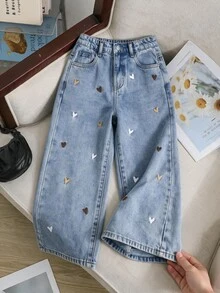 SHEIN Explorewe Girls' Versatile Fashion Casual Cowgirl Western Blue Straight Leg Denim Jeans Summer - Medium Wash - View 2