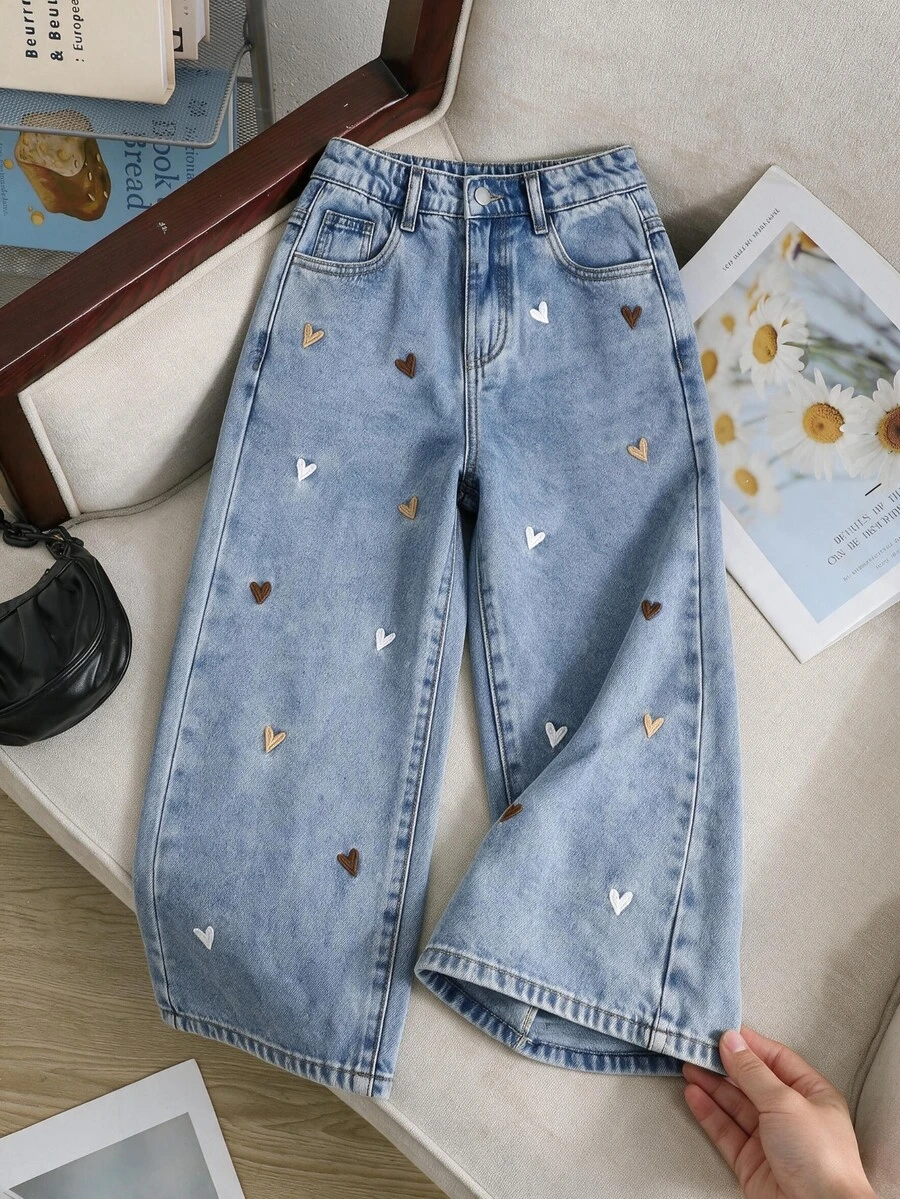 SHEIN Explorewe Girls' Versatile Fashion Casual Cowgirl Western Blue Straight Leg Denim Jeans Summer