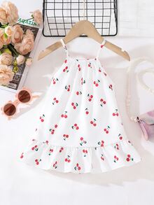SHEIN Playful Pals 女婴无袖连衣裙，白色背景上印有鲜艳的樱桃图案，设计活泼清新，适合夏季穿着。 - 彩色 - 查看 2
