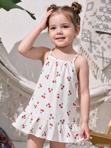 SHEIN Playful Pals 女婴无袖连衣裙，白色背景上印有鲜艳的樱桃图案，设计活泼清新，适合夏季穿着。 - 彩色 - 查看 3