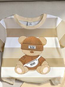 SHEIN 2件組卡其色黑白嬰兒幼童0-3歲韓系男嬰端莊可愛夏季度假假日熊圖案T恤短褲套裝 - 彩色 - 查看 6