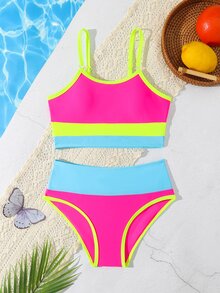 SHEIN Tween Girls Striped Bikini Sets, Casual Polyester Triangle Swimwear For Summer Vacation, Beach, Holiday - Multicolor - View 3