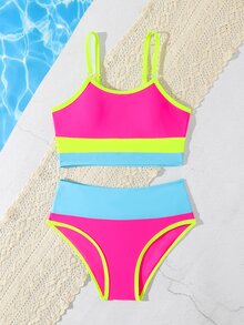 SHEIN Tween Girls Striped Bikini Sets, Casual Polyester Triangle Swimwear For Summer Vacation, Beach, Holiday - Multicolor - View 6