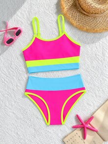 SHEIN Tween Girls Striped Bikini Sets, Casual Polyester Triangle Swimwear For Summer Vacation, Beach, Holiday - Multicolor - View 1