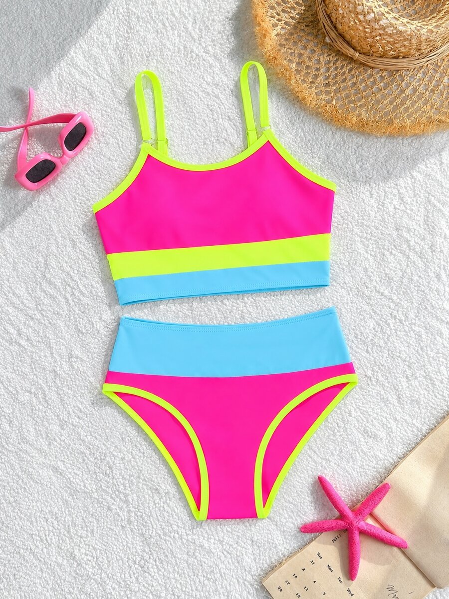 SHEIN Tween Girls Striped Bikini Sets, Casual Polyester Triangle Swimwear For Summer Vacation, Beach, Holiday - Multicolor - View 1