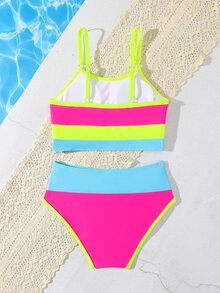 SHEIN Tween Girls Striped Bikini Sets, Casual Polyester Triangle Swimwear For Summer Vacation, Beach, Holiday - Multicolor - View 2