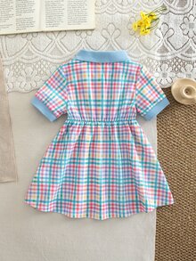 SHEIN Baby Girls' Red And White Plaid Casual Cute Dress, 1 Piece, Ribbed Collar, Ribbed Cuffs, Suitable For Outings, Sports Graduation School, Summer - Multicolor - View 3