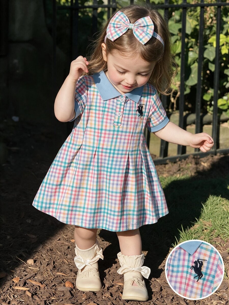 SHEIN Baby Girls' Red And White Plaid Casual Cute Dress, 1 Piece, Ribbed Collar, Ribbed Cuffs, Suitable For Outings, Sports Graduation School, Summer