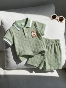 Souflis Souflis Babyboy White Summer Casual Jacquard Polo-Neck Short-Sleeved And Shorts Set Cute College-Style - Green - View 3