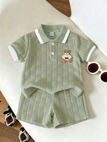 Souflis Souflis Babyboy White Summer Casual Jacquard Polo-Neck Short-Sleeved And Shorts Set Cute College-Style - Green - View 6