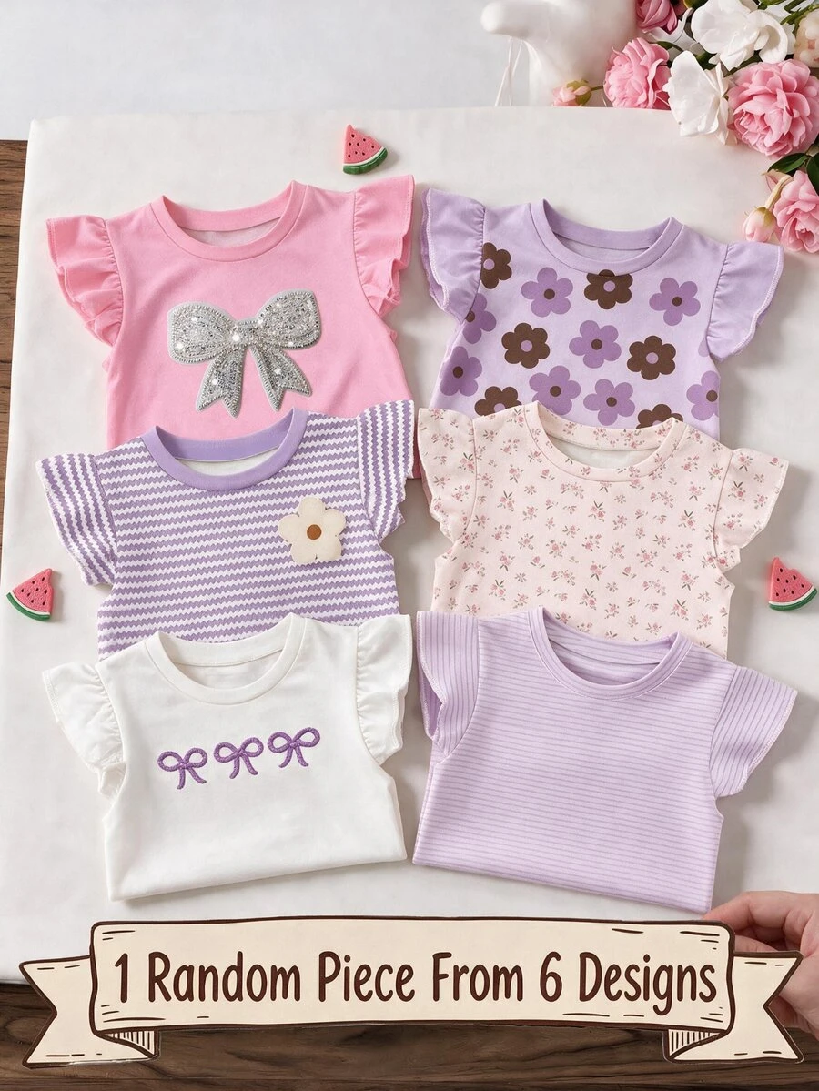 SHEIN Bohemian Fairy Cowgirl Floral Violet White Striped 3D Bow Pattern Young Girl Casual Round Neck Short Cap Sleeve T-Shirt Baby Pink Beach Summer - Multicolor - View 1