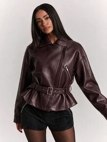 SHEIN BAE Women's Solid Color Dropped Shoulder Long Sleeve Zipper Front PU Leather Jacket - Burgundy - View 3