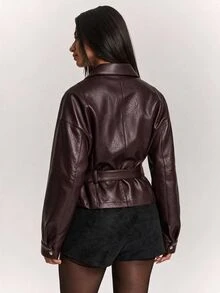 SHEIN BAE Women's Solid Color Dropped Shoulder Long Sleeve Zipper Front PU Leather Jacket - Burgundy - View 2