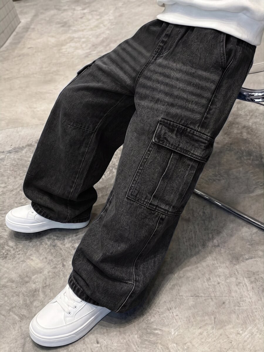 兒童青少年男孩工裝口袋寬腿寬鬆休閒牛仔長褲 - 黑色 - 查看 1