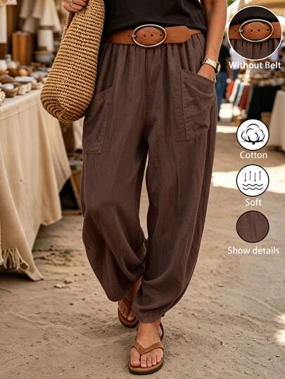 Breezaya Celana Harem Katun Linen Artistik Baru Musim Gugur/Dingin 2026 untuk Wanita, Warna Cokelat Tua, Pinggang Elastis, Kantong Besar, Celana Kasual dengan Potongan Meruncing, Celana Wortel Longgar yang Mempesona dan Melangsingkan, Kain Katun Lembut, Gaya Vintage yang Santai, Celana Panjang Nyaman dan Serbaguna untuk Perjalanan, Celana Panjang Lentera Lebar Ukuran Plus, Celana Panjang Kasual Santai untuk Sehari-hari