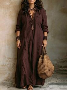 Breezaya Women's Vintage Dark Brown Shirt Dress, Collared Half-Button Long Sleeve Loose Fit Plus Size Vacation Dress - Brown - View 3