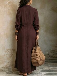 Breezaya Women's Vintage Dark Brown Shirt Dress, Collared Half-Button Long Sleeve Loose Fit Plus Size Vacation Dress - Brown - View 2