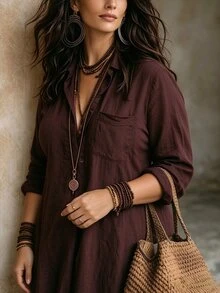 Breezaya Women's Vintage Dark Brown Shirt Dress, Collared Half-Button Long Sleeve Loose Fit Plus Size Vacation Dress - Brown - View 5