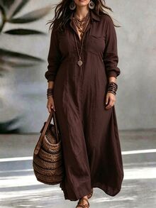 Breezaya Women's Vintage Dark Brown Shirt Dress, Collared Half-Button Long Sleeve Loose Fit Plus Size Vacation Dress - Brown - View 4