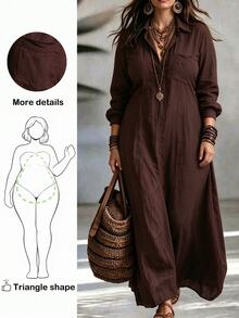 Breezaya Women's Vintage Dark Brown Shirt Dress, Collared Half-Button Long Sleeve Loose Fit Plus Size Vacation Dress - Brown - View 1