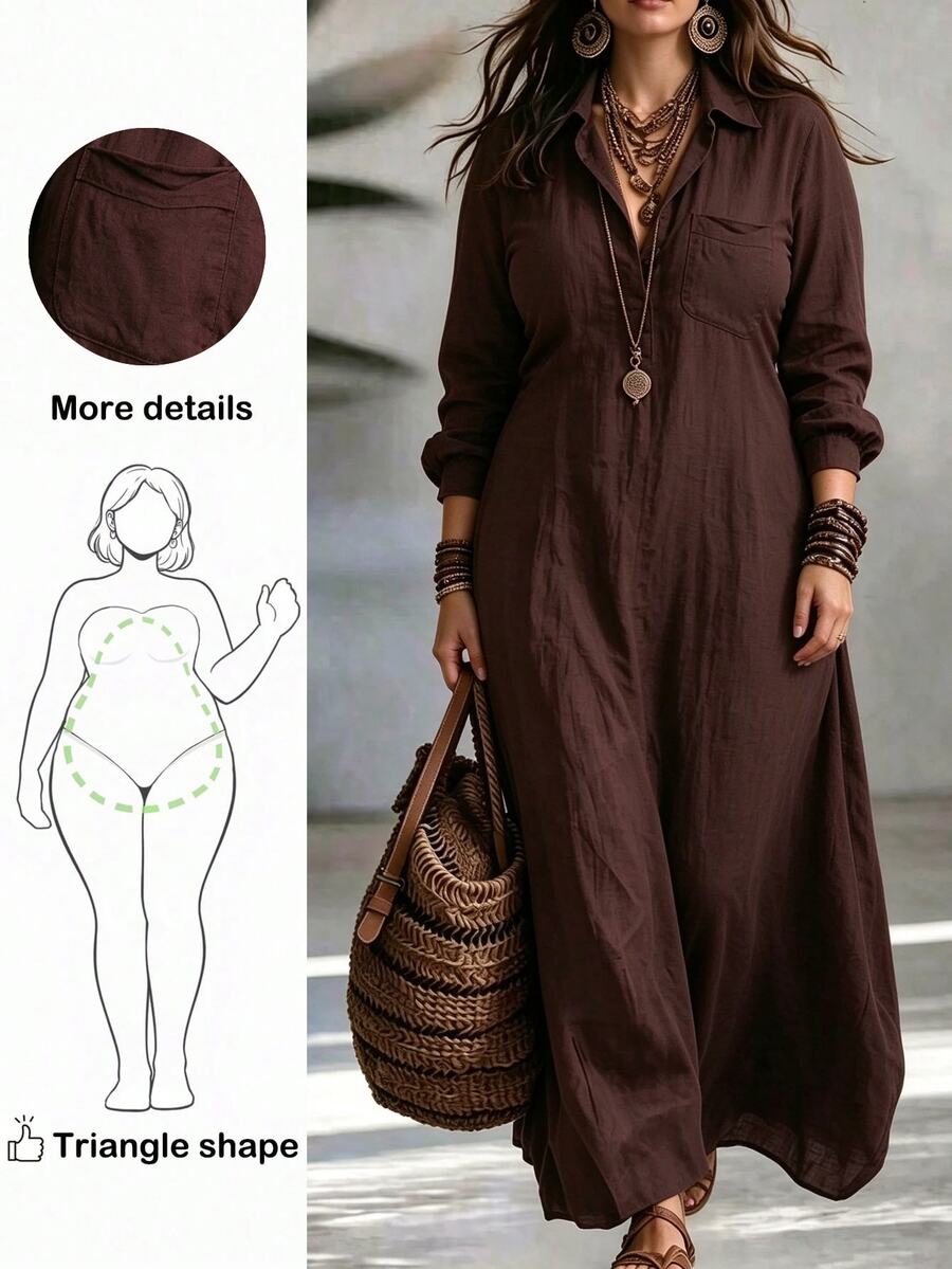 Breezaya Women's Vintage Dark Brown Shirt Dress, Collared Half-Button Long Sleeve Loose Fit Plus Size Vacation Dress - Brown - View 1