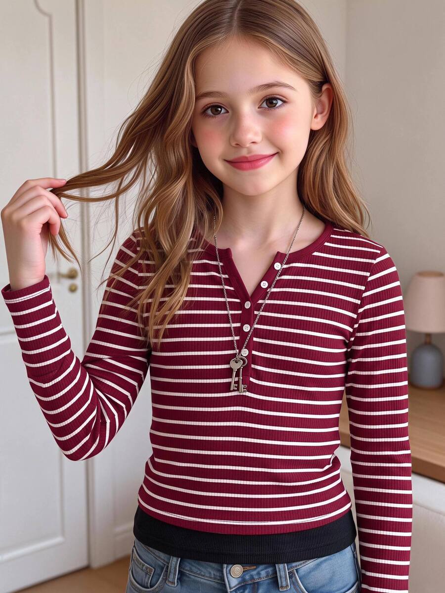 Tween Girls Tween Girl Tween Girl Kids Autumn/Winter Red & White Striped Long Sleeve Patchwork T-Shirt Casual Daily Holiday - Red and White - View 1