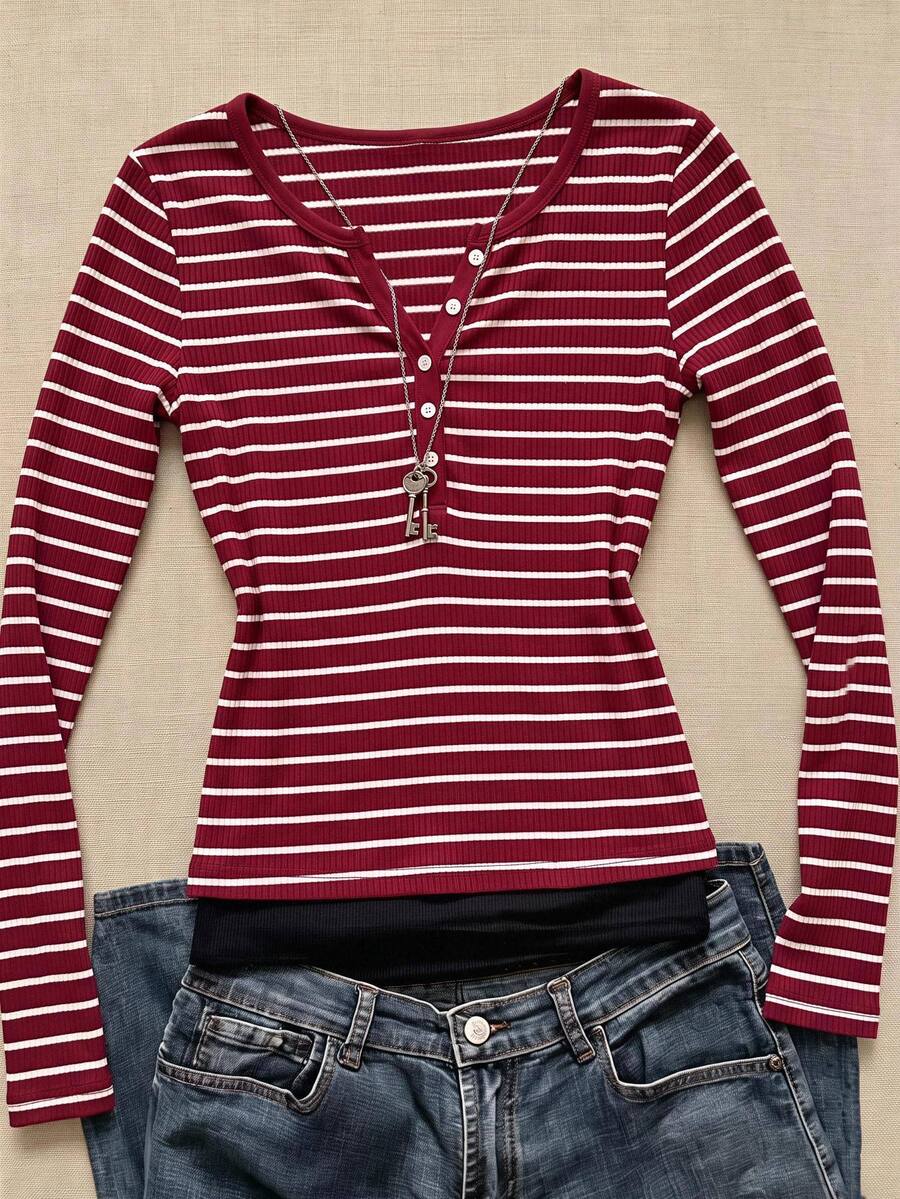 Tween Girls Kids Autumn/Winter Red & White Striped Long Sleeve Patchwork T-Shirt Casual Daily Holiday - Red and White - View 1