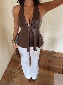 Aloruh Women's Fashion Halter Backless Metal Decor Ruffle Tank Top - Brown - View 4