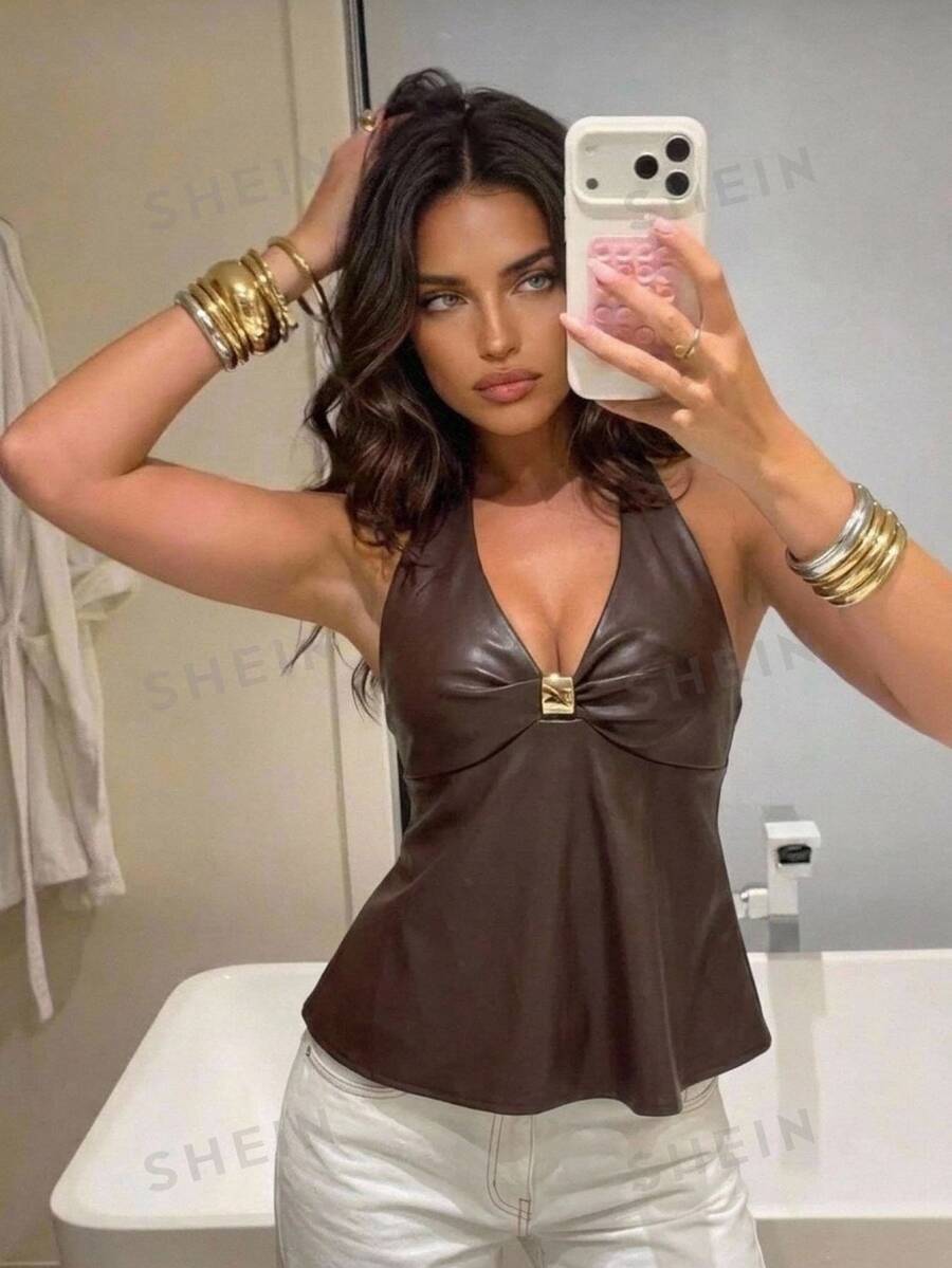 Aloruh Women's Fashion Halter Backless Metal Decor Ruffle Tank Top - Brown - View 1