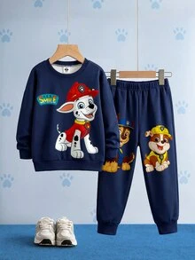 SHEIN | PAW Patrol 2件組小男孩休閒可愛卡通小狗印花時尚圓領長袖衛衣與運動長褲套裝，適合秋冬穿著 - 彩色 - 查看 3