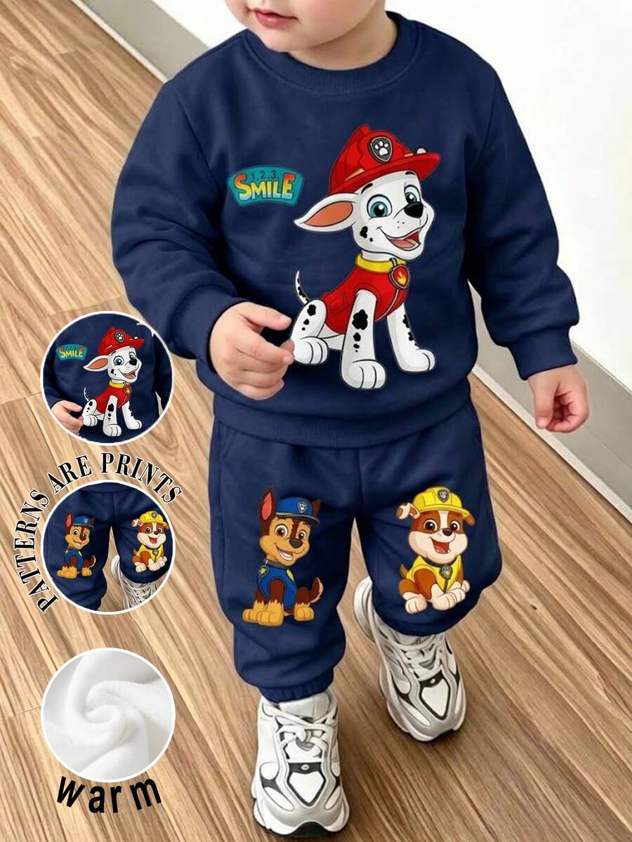 SHEIN | PAW Patrol 2件組小男孩休閒可愛卡通小狗印花時尚圓領長袖衛衣與運動長褲套裝,適合秋冬穿著 - 彩色 - 查看 1