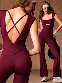 VARSIVA Jumpsuit Wanita Motif Huruf Kasual Sporty Atletik untuk Harian, Gym, Perjalanan, Olahraga Musim Gugur - Burgundy - View 2