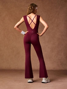 VARSIVA Jumpsuit Wanita Motif Huruf Kasual Sporty Atletik untuk Harian, Gym, Perjalanan, Olahraga Musim Gugur - Burgundy - View 7