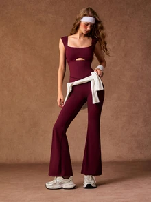 VARSIVA Jumpsuit Wanita Motif Huruf Kasual Sporty Atletik untuk Harian, Gym, Perjalanan, Olahraga Musim Gugur - Burgundy - View 5