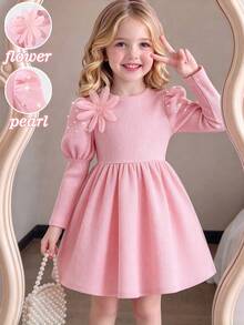 SHEIN Elladie kids 女童長袖泡泡袖A字圓領洋裝，3D花朵貼花與珍珠裝飾，傘擺擺裙聖誕洋裝 - 粉色 - 查看 5